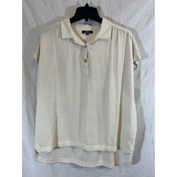Angels Women’s Large Cream Short Sleeve 1/4 Button Down Rayon Linen Blouse - Picture 1 of 6